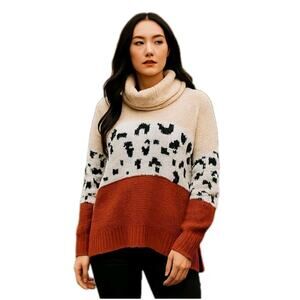 Cowl Neck Turtleneck Sweater Womens S/M Chunky Knit Pullover‎ Colorblock READ